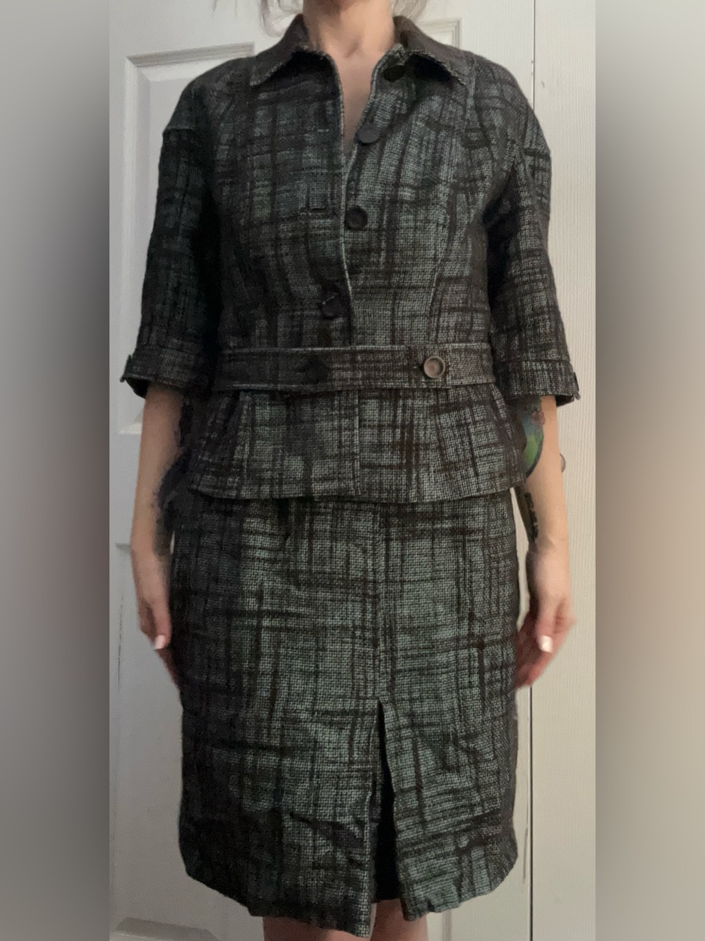 Etcetera Green and Black Plaid Belted Blazer